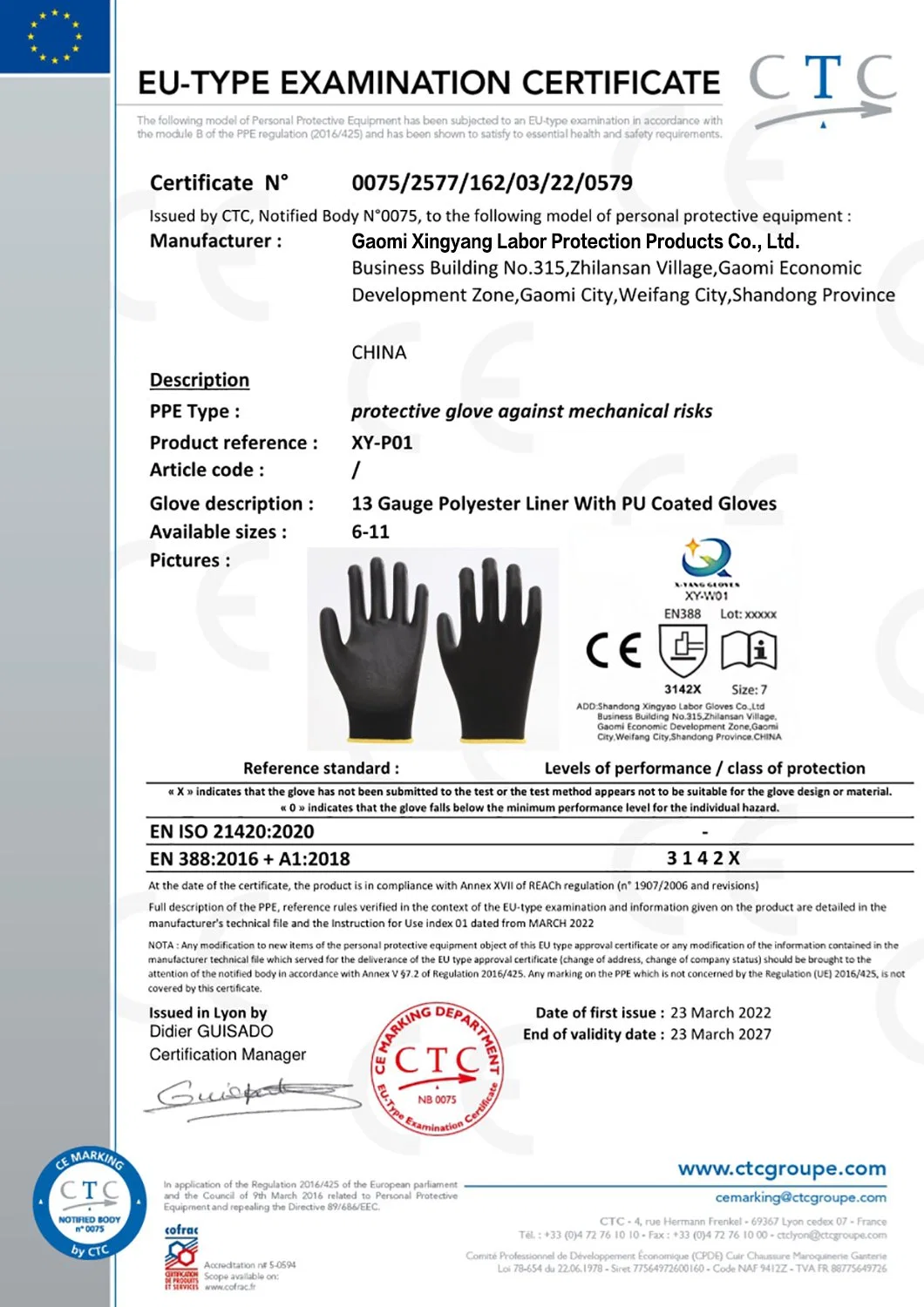 Factoryshop En388 Level3 Wear Resistant 13gauge Black Polyester Shell PU (Polyurethane) Smooth Coated Seamless Knit Work Safety Fit Gloves