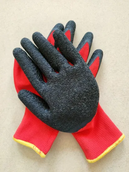 Gants de travail de sécurité industrielle enduits de latex froissés tricotés par polyester rouge
